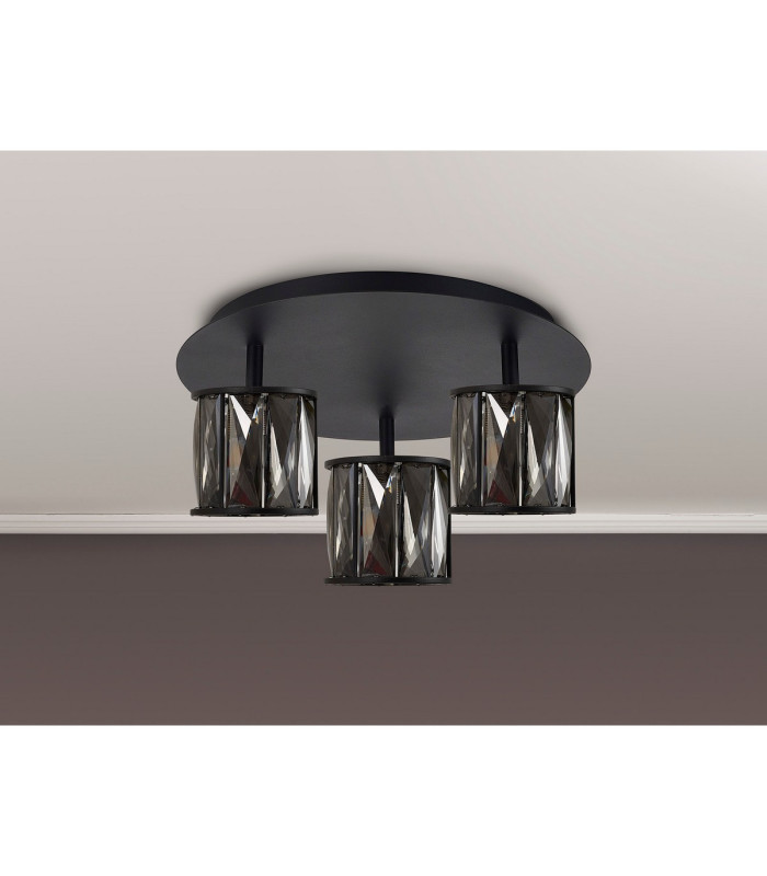 Keene Round 3 Light G9 35cm Flush Light Satin Black / Smoke Crystal Shade-9