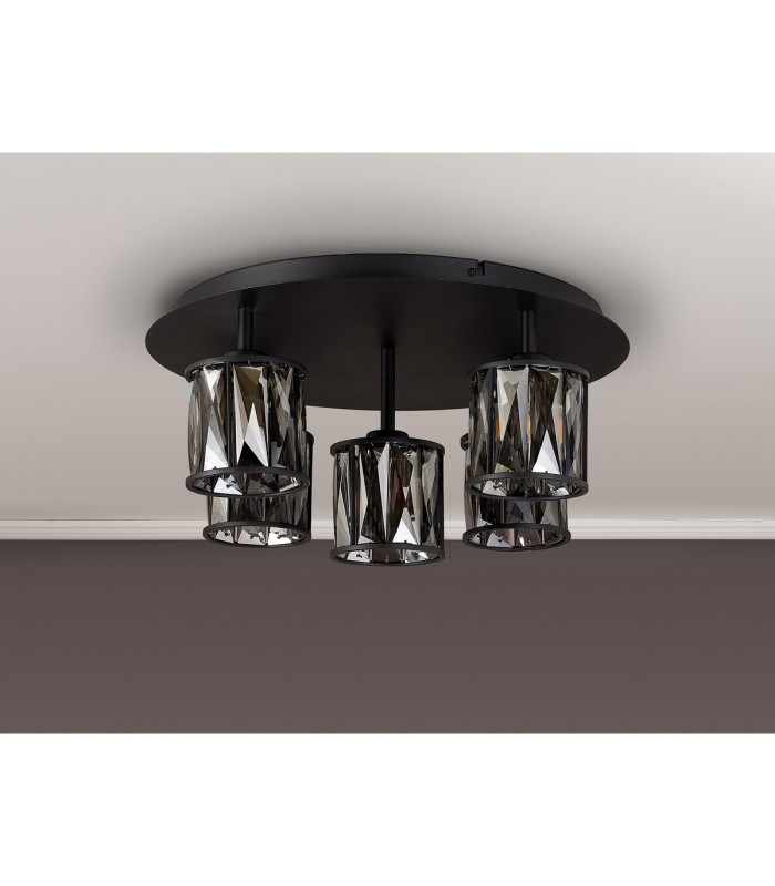Keene 46cm Round 5 Light G9 Flush Light Satin Black / Smoke Crystal Shade-9