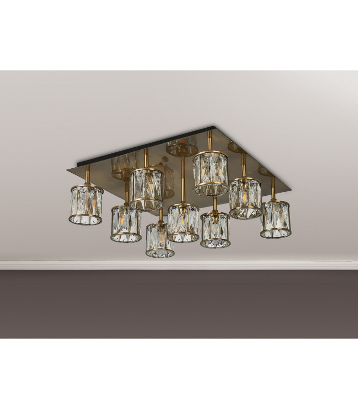 Keene Square 9 Light G9 Flush Antique Brass / Clear Crystal Shade-9