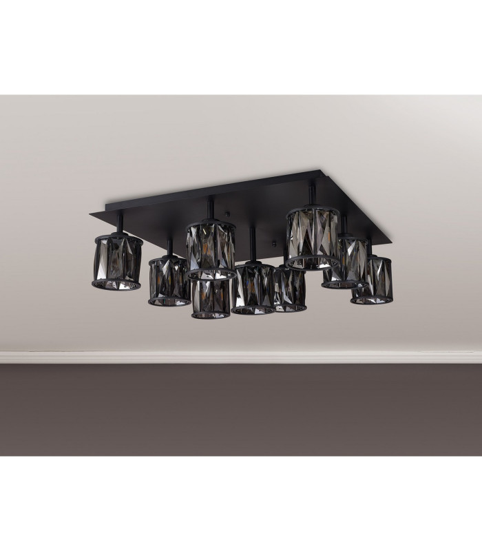 Keene Square 9 Light G9 Flush Light Satin Black / Smoke Crystal Shade-9