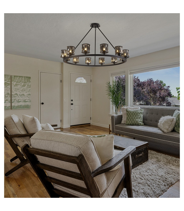 Keene 105.8cm 12 Light Round G9 Telescopic Light Sand Black / Smoked Crystal Shade-4
