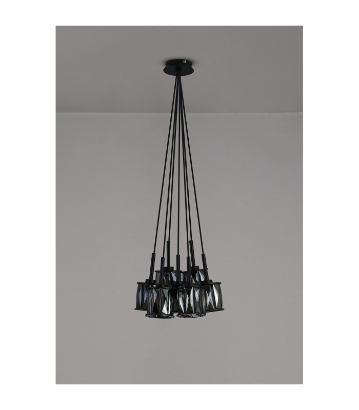 Keene 28.5cm 7 Light G9 1.5m Cluster Pendant Satin Black / Smoke Crystal Shade-14