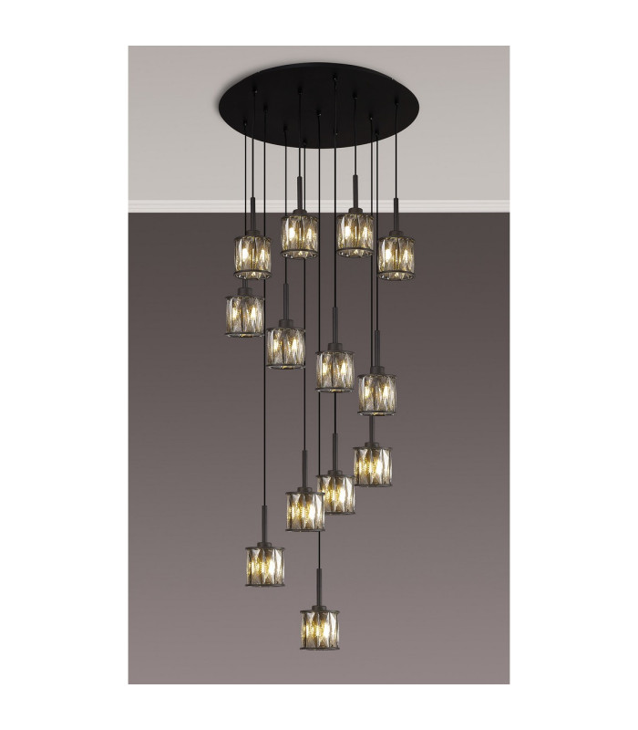 Keene 56cm 13 Light G9 2.5m Round Multiple Pendant Satin Black / Smoke Crystal Shade-3