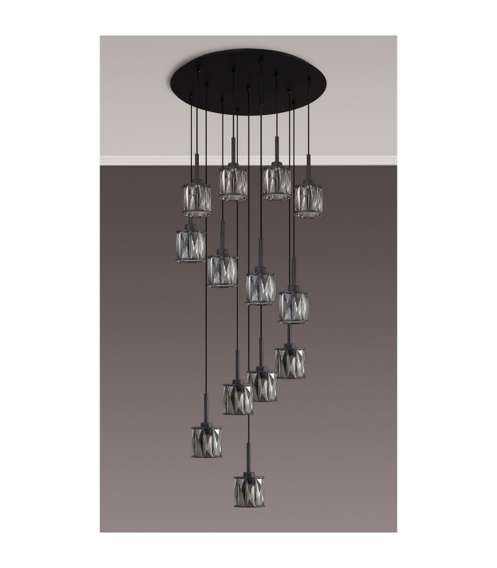 Keene 56cm 13 Light G9 2.5m Round Multiple Pendant Satin Black / Smoke Crystal Shade-9