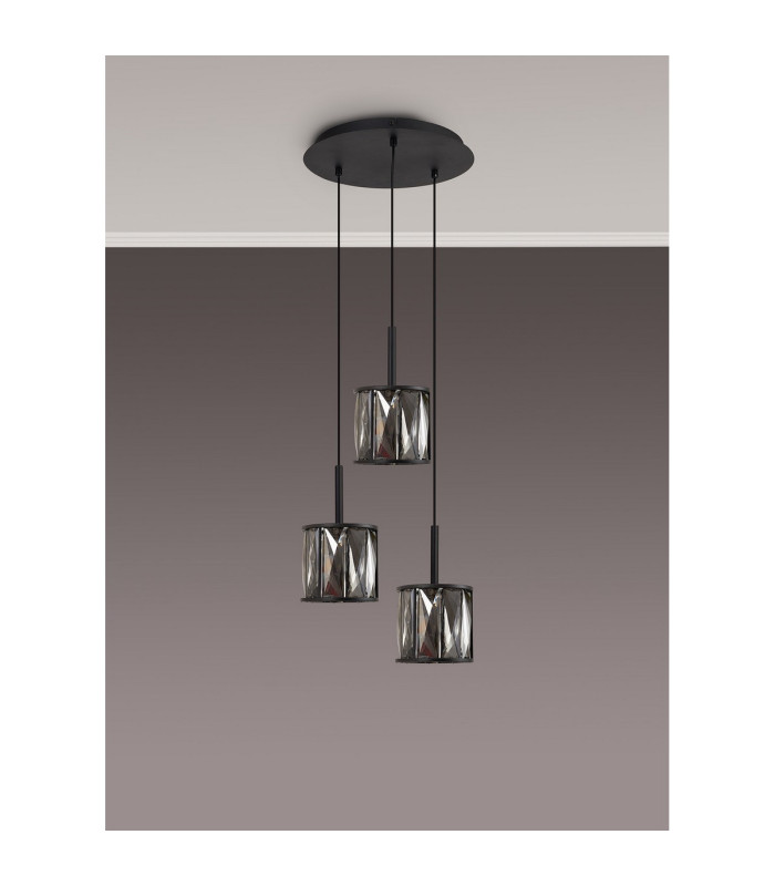 Keene 30cm 3 Light G9 2m Round Pendant Satin Black / Smoke Crystal Shade-9