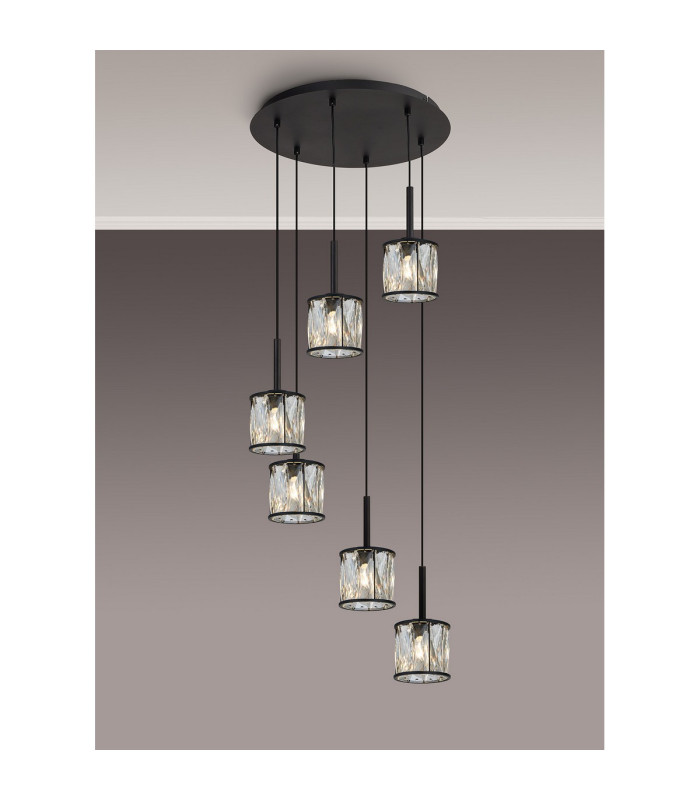 Keene 40cm 6 Light G9 2.5m Round Multiple Pendant Sand Black / Clear Crystal Shade-3
