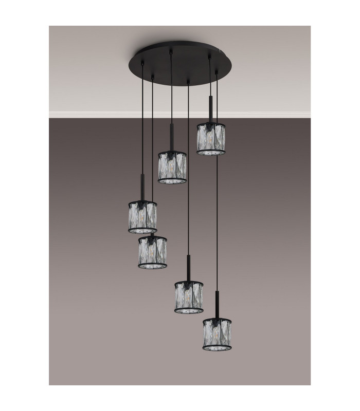 Keene 40cm 6 Light G9 2.5m Round Multiple Pendant Sand Black / Clear Crystal Shade-12