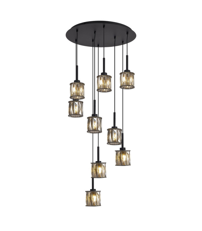 Keene 50cm 9 Light G9 2.5m Round Multiple Pendant Satin Black / Smoke Crystal Shade-1