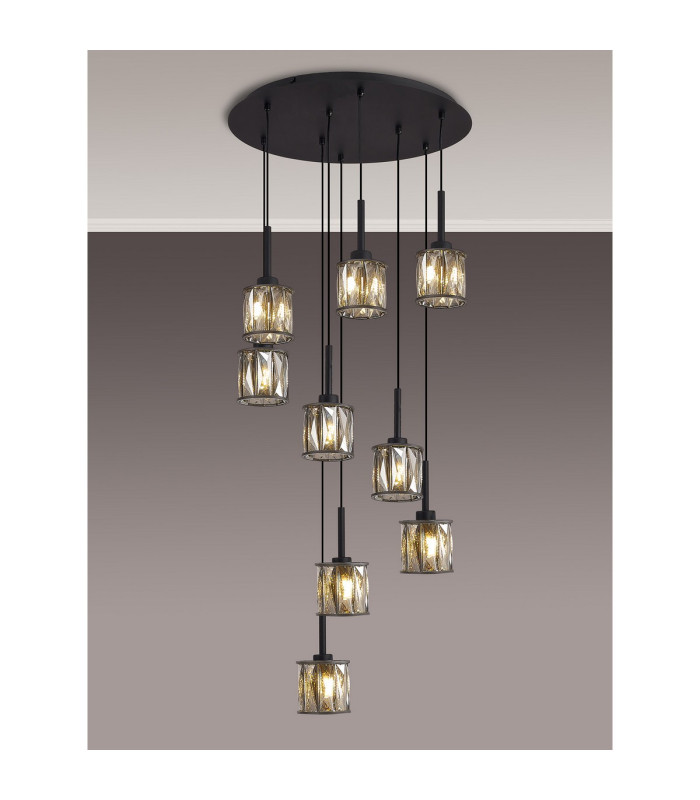 Keene 50cm 9 Light G9 2.5m Round Multiple Pendant Satin Black / Smoke Crystal Shade-3