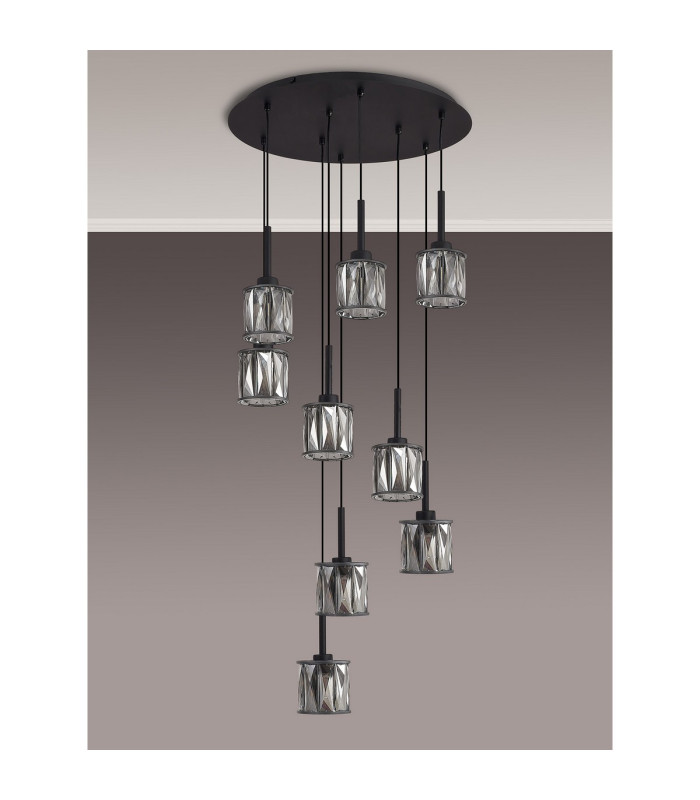 Keene 50cm 9 Light G9 2.5m Round Multiple Pendant Satin Black / Smoke Crystal Shade-11