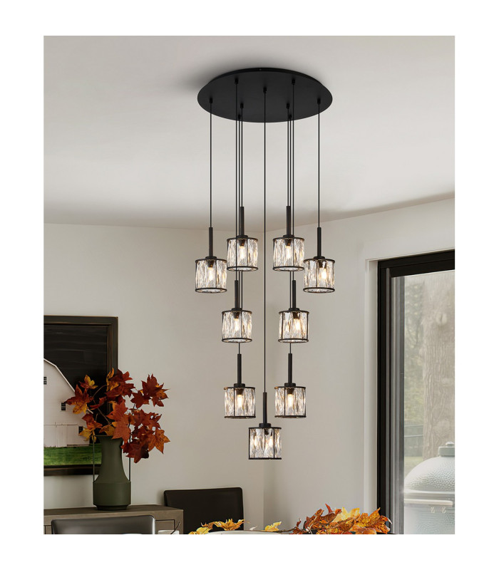 Keene 50cm 9 Light G9 2.5m Round Multiple Pendant Sand Black / Clear Crystal Shade-4