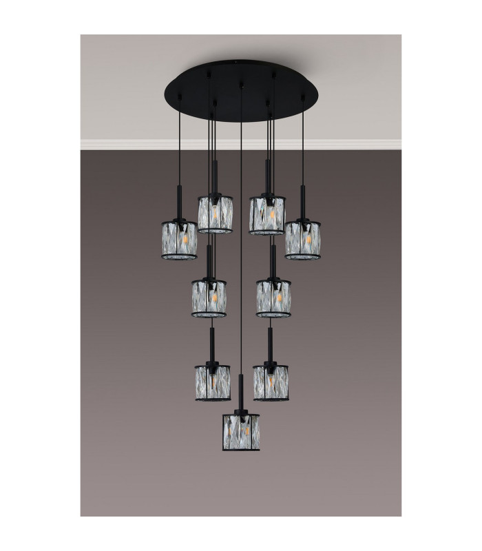 Keene 50cm 9 Light G9 2.5m Round Multiple Pendant Sand Black / Clear Crystal Shade-13