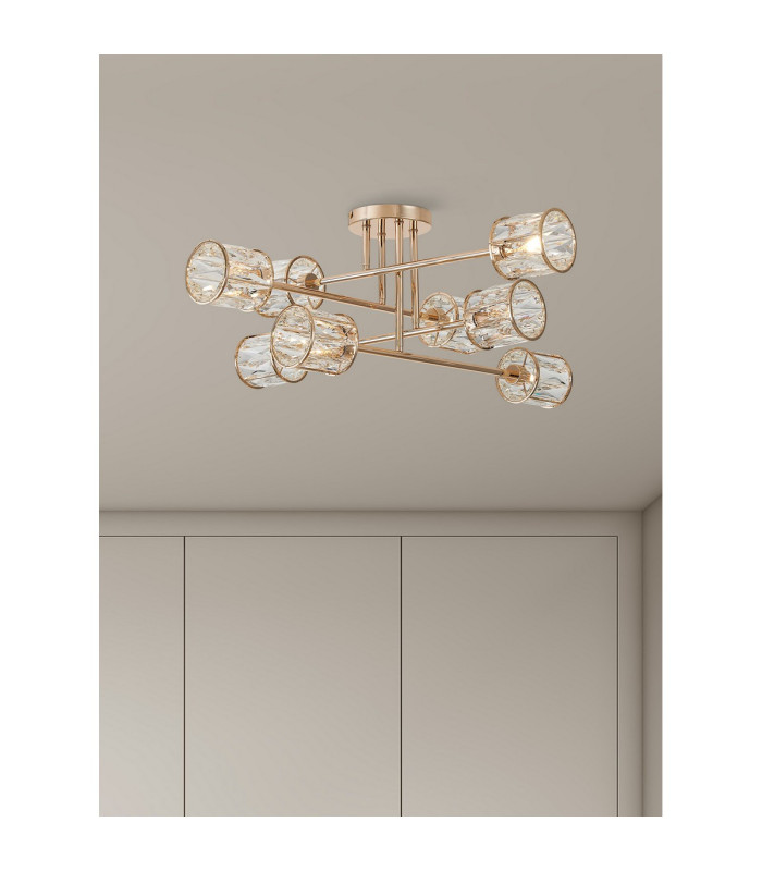 Keene 85cm 8 Light G9 Crossed Arm Semi Flush French Gold / Clear Crystal Shade-4