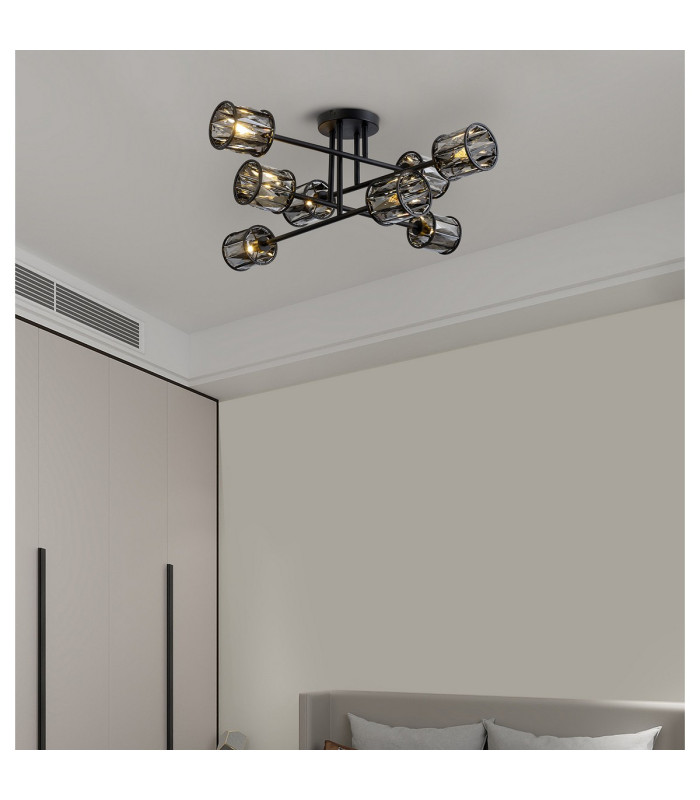 Keene 85cm 8 Light G9 Crossed Arm Semi Flush Sand Black / Smoked Crystal Shade-4