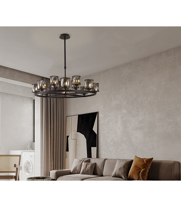 Keene 90.8cm 8 + 4 Light Round G9 Telescopic Light Sand Black / Smoked Crystal Shade-4