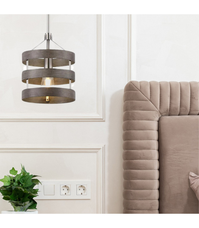 Georgetown 24cm Multi Height Pendant/Semi Flush 1 Light E27 Satin Nickel/Grey Wood-5