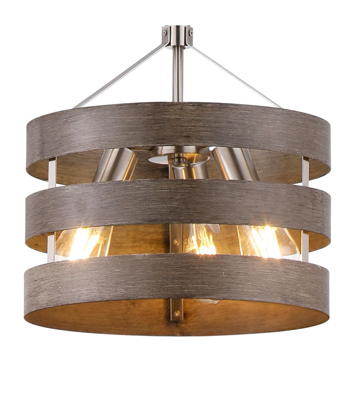 Georgetown 35cm Multi Height Pendant/Semi Flush 3 Light E27 Satin Nickel/Grey Wood-7