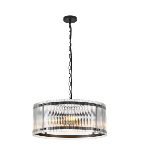 Butler 56.5cm Pendant 4 Light E27 Matt Black / Wide Ribbed Clear (C) Glass-1