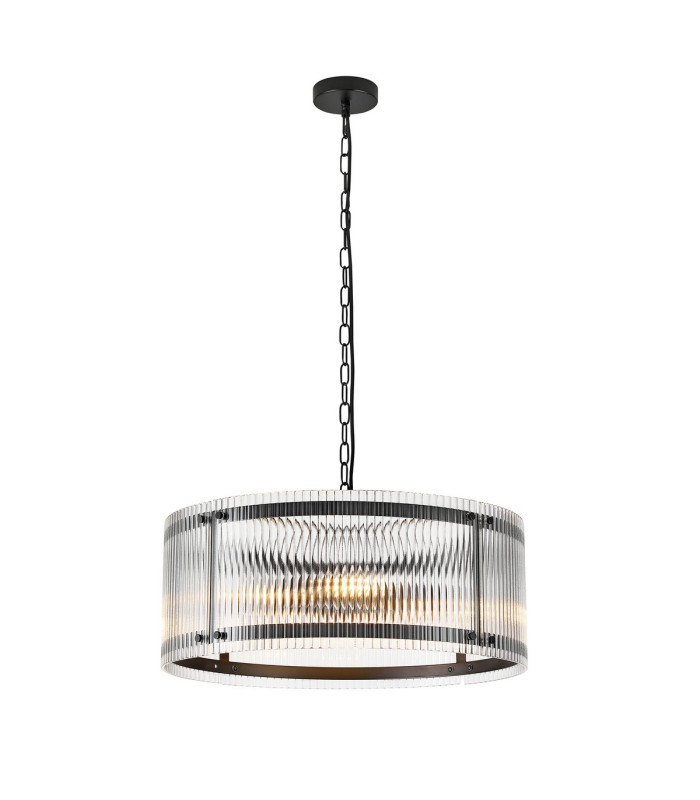 Butler 56.5cm Pendant 4 Light E27 Matt Black / Wide Ribbed Clear (C) Glass-1
