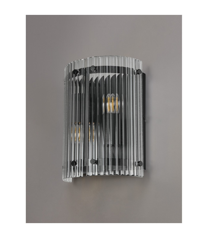 Butler Wall Light 2 Light E27 Matt Black / Wide Ribbed Clear (C) Glass-9