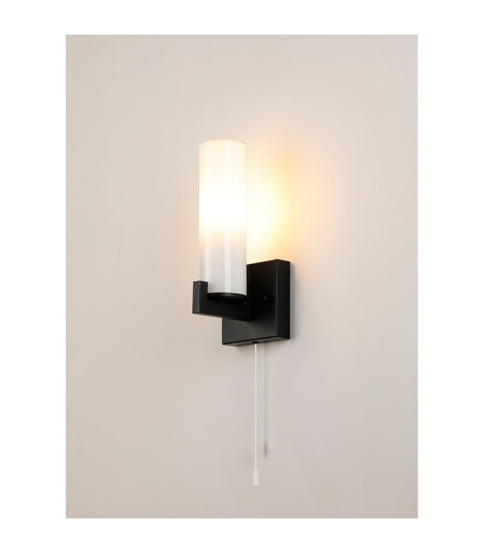 Ellenville Pull Switch Wall Light 1 Light E14 IP44 Satin Black/Opal Glass-3