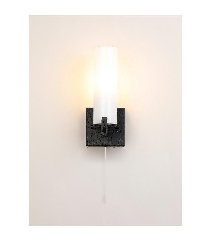 Ellenville Pull Switch Wall Light 1 Light E14 IP44 Satin Black/Opal Glass-14