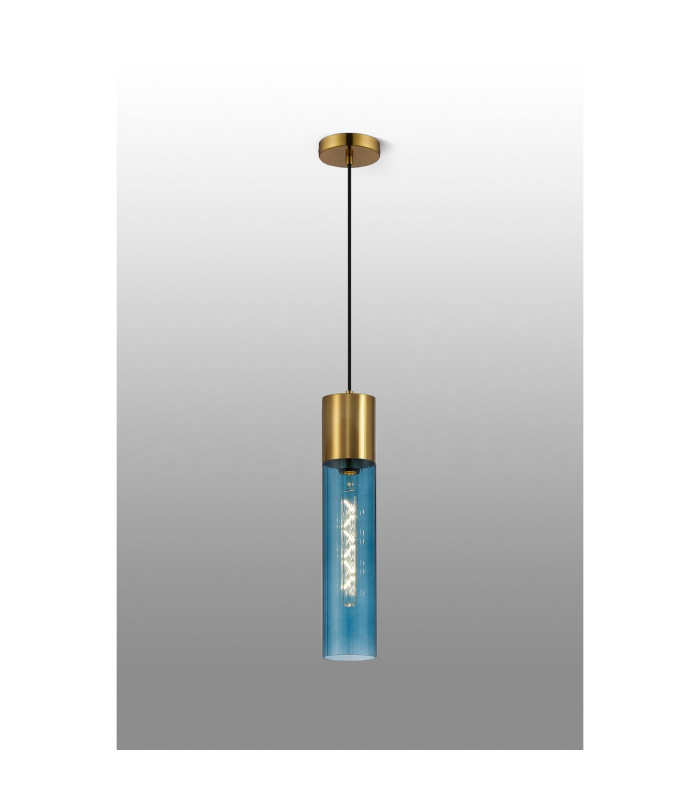 Versailles 12cm Pendant Tubular Glass 1 x E27 Aged Brass/Blue/Black Braided Cable-3