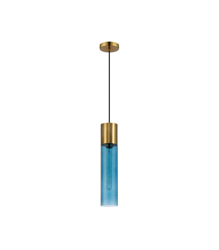 Versailles 12cm Pendant Tubular Glass 1 x E27 Aged Brass/Blue/Black Braided Cable-5