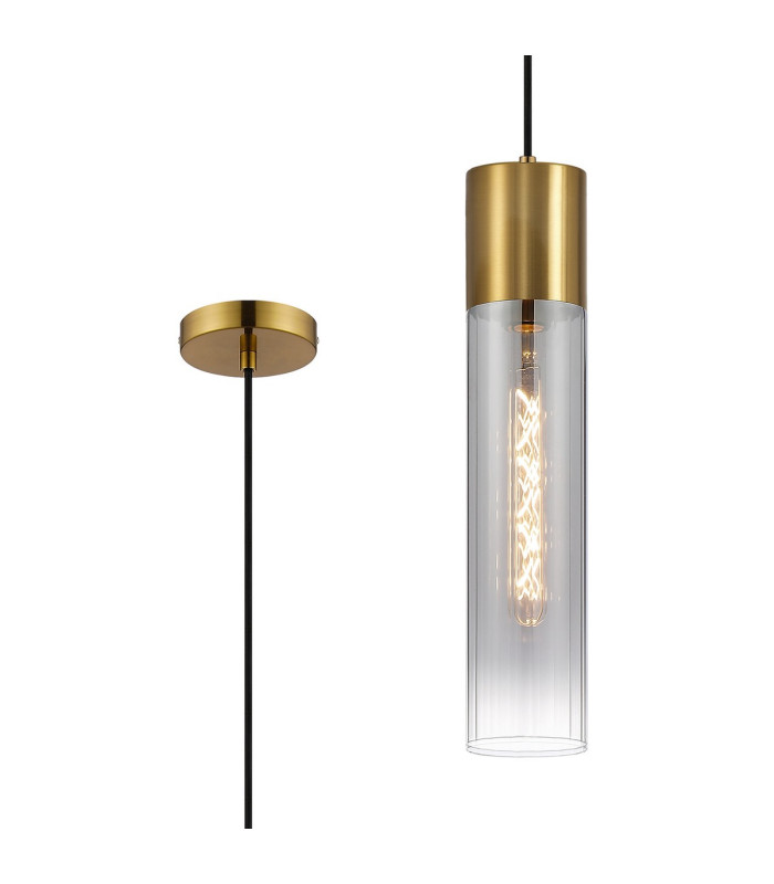 Versailles 12cm Pendant Tubular Glass 1 x E27 Aged Brass/Smoke Fade/Black Braided Cable-1