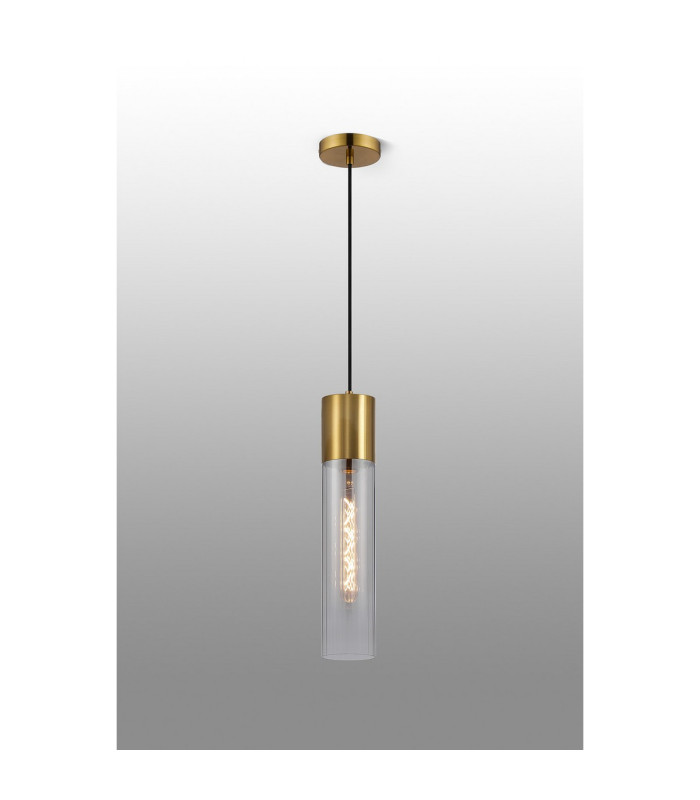 Versailles 12cm Pendant Tubular Glass 1 x E27 Aged Brass/Smoke Fade/Black Braided Cable-3