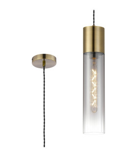 Versailles 12cm Pendant Tubular Glass 1 x E27 Antique Brass/Smoke Fade/Black Braided Twisted Cable-1