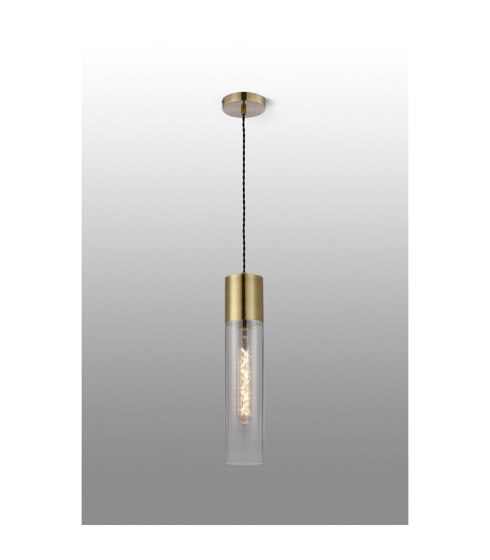 Versailles 12cm Pendant Tubular Glass 1 x E27 Antique Brass/Smoke Fade/Black Braided Twisted Cable-3