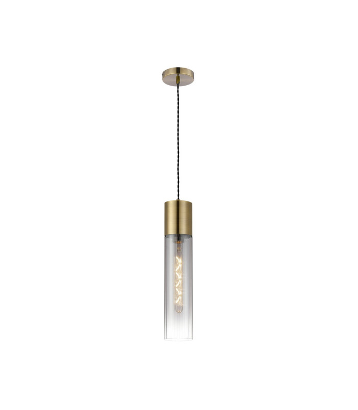 Versailles 12cm Pendant Tubular Glass 1 x E27 Antique Brass/Smoke Fade/Black Braided Twisted Cable-4