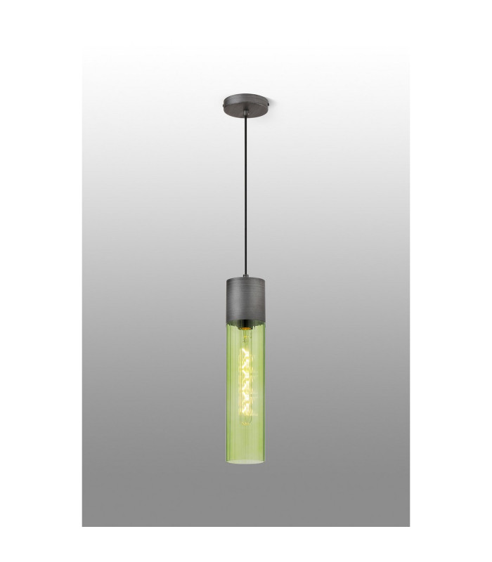 Versailles 12cm Pendant Tubular Glass 1 x E27 Pewter/Green/Black Braided Cable-3