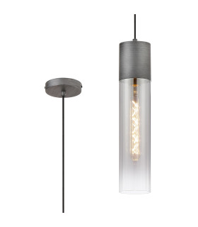 Versailles 12cm Pendant Tubular Glass 1 x E27 Pewter/Smoke Fade/Black Braided Cable-1