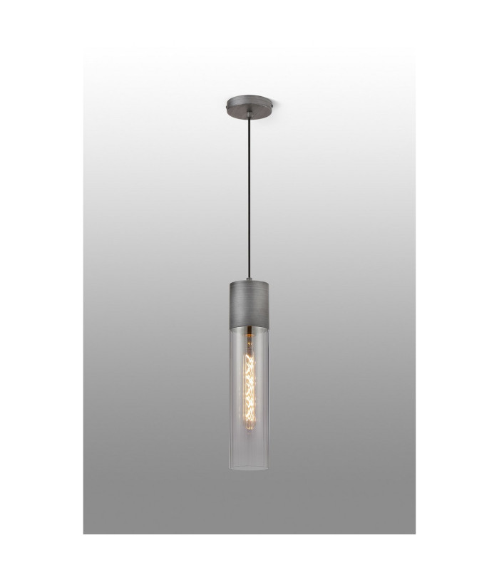 Versailles 12cm Pendant Tubular Glass 1 x E27 Pewter/Smoke Fade/Black Braided Cable-3