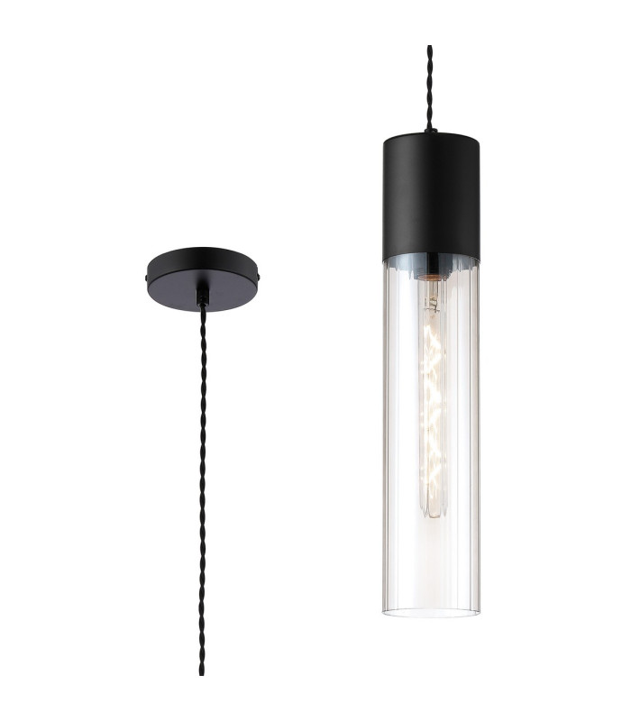 Versailles 12cm Pendant Tubular Glass 1 x E27 Satin Black/Clear/Black Braided Twisted Cable-1