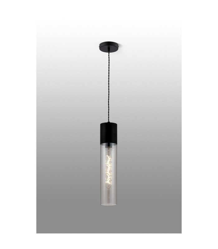 Versailles 12cm Pendant Tubular Glass 1 x E27 Satin Black/Clear/Black Braided Twisted Cable-3