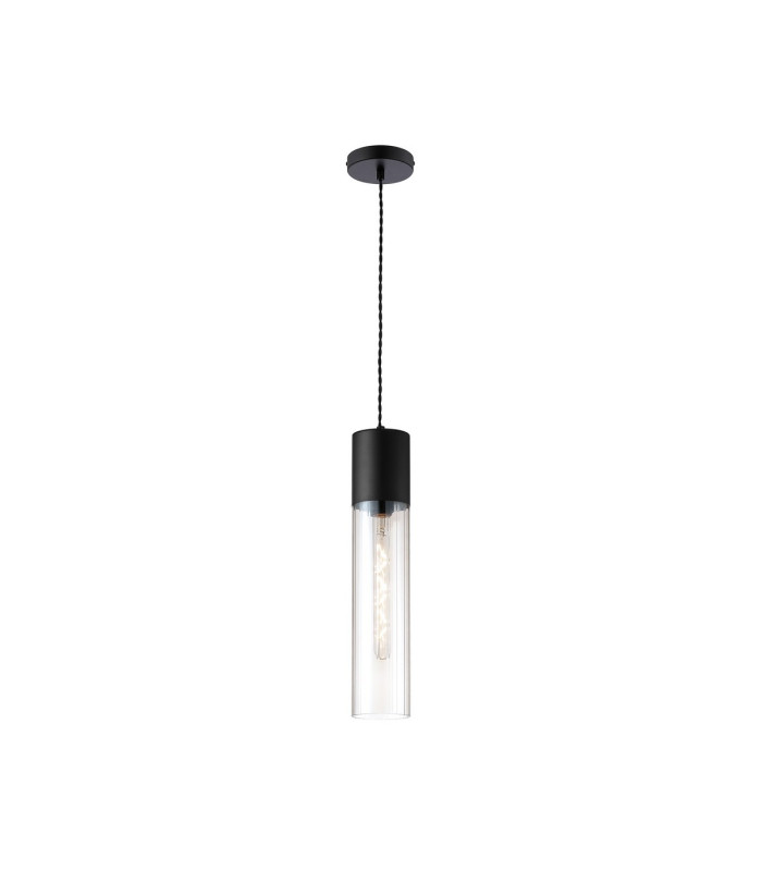 Versailles 12cm Pendant Tubular Glass 1 x E27 Satin Black/Clear/Black Braided Twisted Cable-4