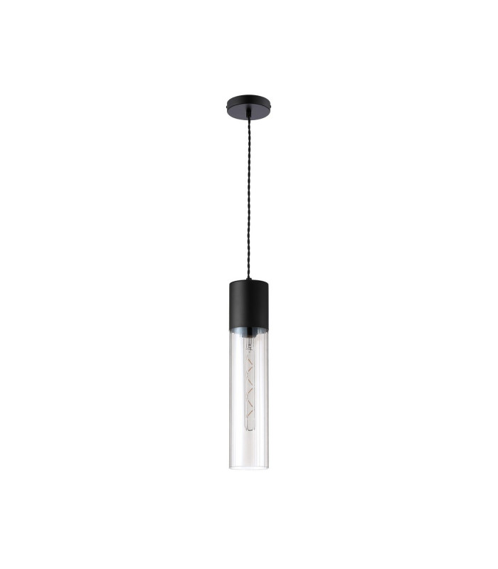 Versailles 12cm Pendant Tubular Glass 1 x E27 Satin Black/Clear/Black Braided Twisted Cable-5