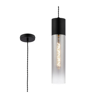 Versailles 12cm Pendant Tubular Glass 1 x E27 Satin Black/Smoke Fade/Black Braided Twisted Cable-1