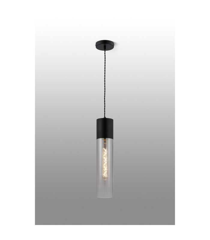 Versailles 12cm Pendant Tubular Glass 1 x E27 Satin Black/Smoke Fade/Black Braided Twisted Cable-3