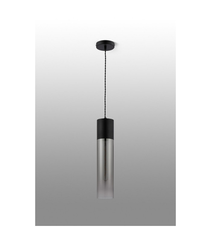 Versailles 12cm Pendant Tubular Glass 1 x E27 Satin Black/Smoke Fade/Black Braided Twisted Cable-8