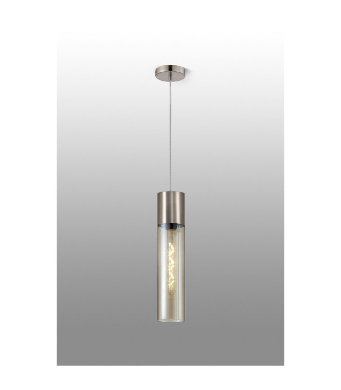 Versailles 12cm Pendant Tubular Glass 1 x E27 Satin Nickel/Cognac/Clear Twisted Cable-3