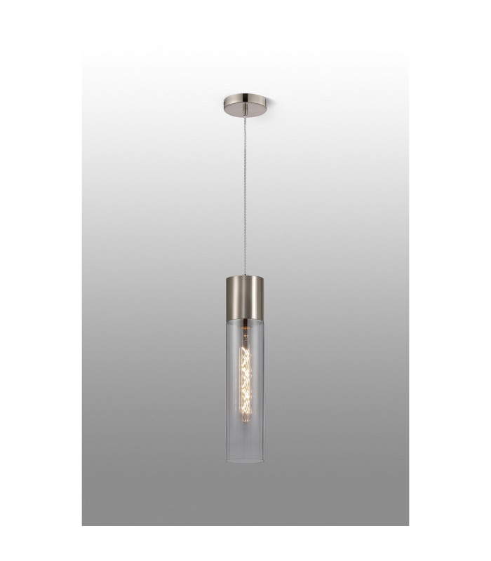 Versailles 12cm Pendant Tubular Glass 1 x E27 Satin Nickel/Smoke Fade/Clear Twisted Cable-3