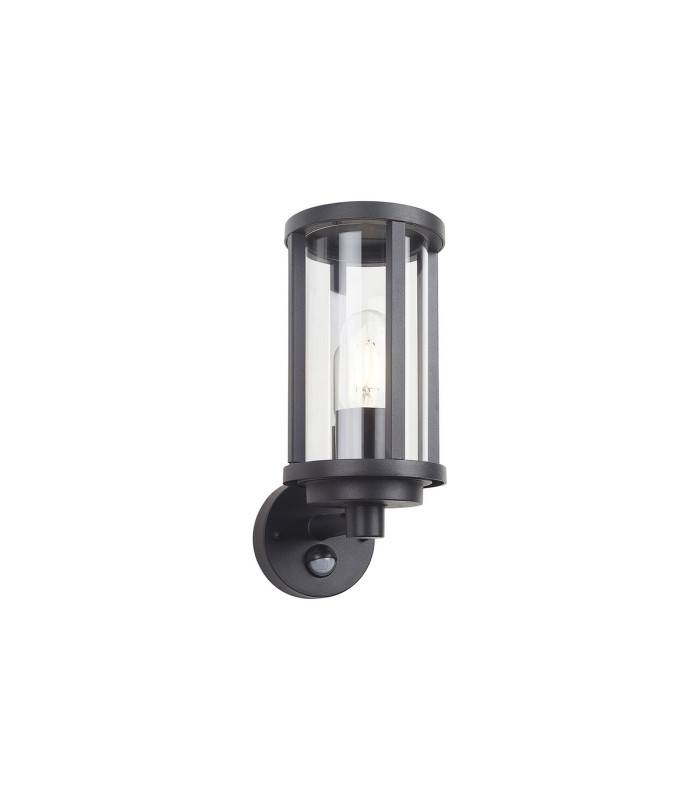 Selkirk Cylinder Wall Lamp PIR Sensor 1 x E27 IP44 Matt Black/Clear -1