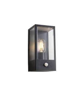 Selkirk Rectangular Case Wall Lamp PIR Sensor 1 x E27 IP44 Matt Black/Clear -1