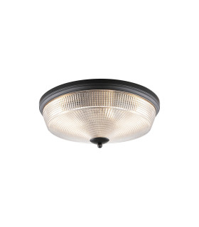 DeRuyter 43.8cm 3 Light E27 Flush Ceiling Light Satin Black/Clear Glass-1