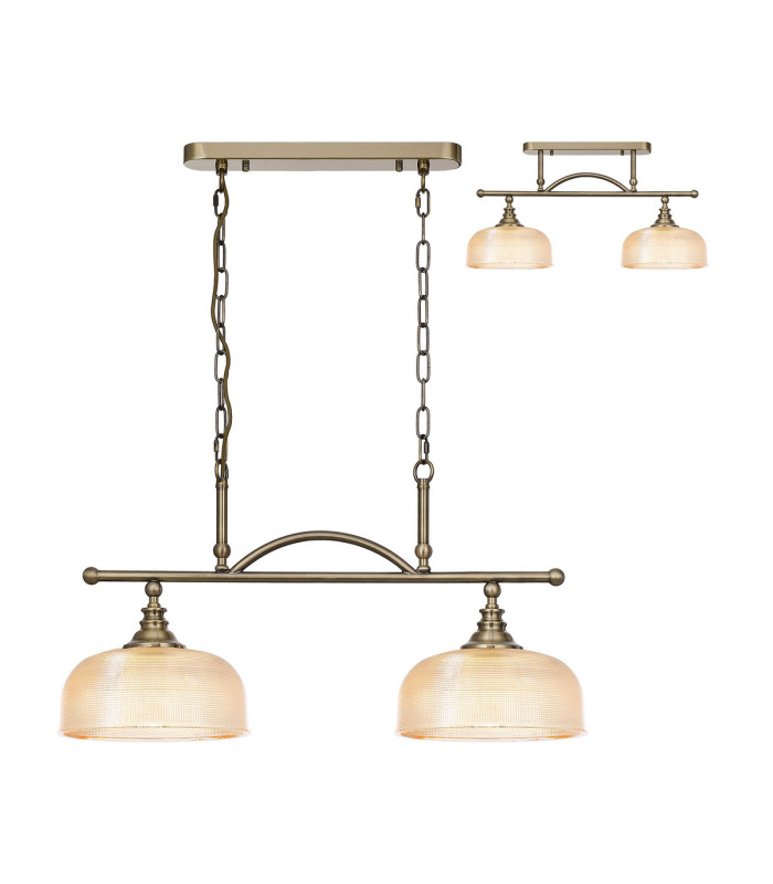 DeRuyter Semi Flush/Pendant Bar 2 Light Adjustable E27 Antique Brass/Amber Glass-1