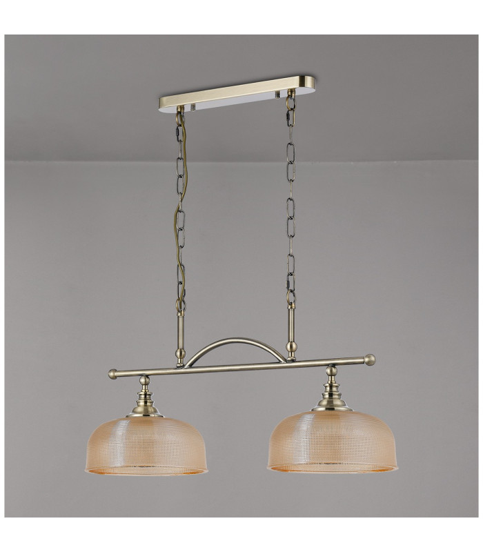 DeRuyter Semi Flush/Pendant Bar 2 Light Adjustable E27 Antique Brass/Amber Glass-12